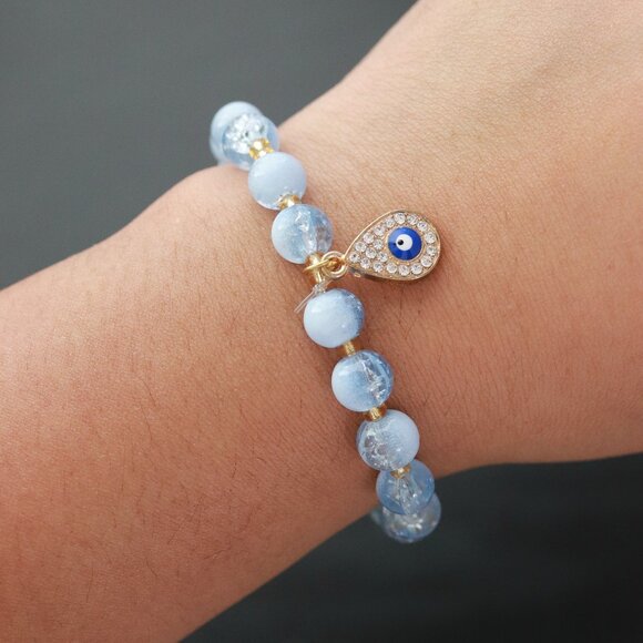 Evil Eye Charm Light Blue Beads Stretchable Bracelet - Picture 1 of 3